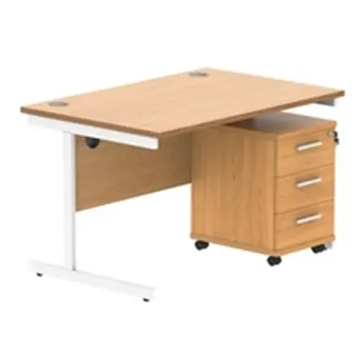 Single Upright Rect Desk + 3 Drawer Mobile Ped 1200X800 Beech/White