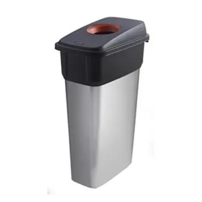 Slim Bin; Hole Lid 70L Silver Body Black/Red Lid Metal Look Plastic