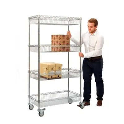 Wire Mesh Trolley; 4 Height Adjustable Shelves; Swivel Castors; Silver