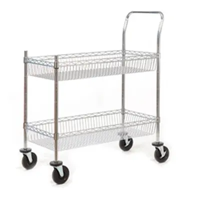 Wire Trolley; 2 Shelves Fixed/Swivel Castors Chrome Plated Wire Silver