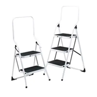 Folding Step Stool 2 Tread High Back White Aluminium