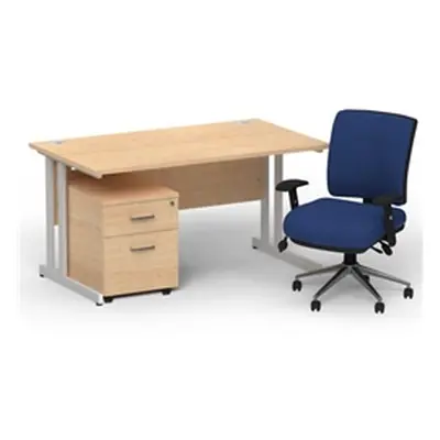 Impulse 1400 Silver Cant Desk Maple + 2 Dr Mobile Ped & Chiro Blue