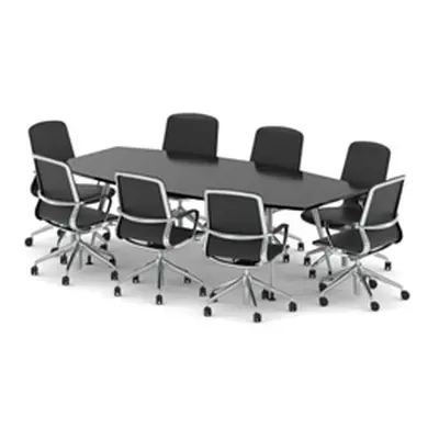 High Gloss 2400mm Writable Boardroom Table Black + 8 Executive Chairs