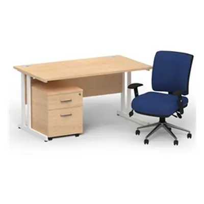 Impulse 1400 White Cant Desk Maple + 2 Dr Mobile Ped & Chiro Blue