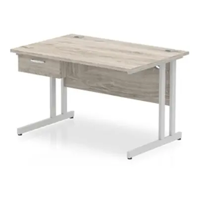 Impulse 1200x800 Desk Grey Oak/Silver Cantilever 1x1 Drawer Fixed Ped