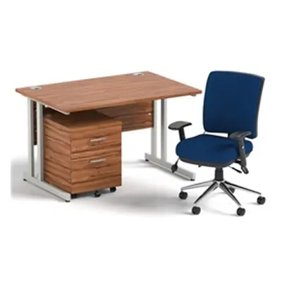 Impulse 1200 Desk Walnut/Silver Cantilever 2 Dr Mobile Ped Blue Chair