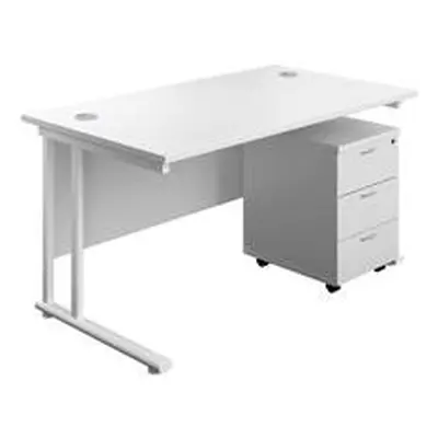 1400X800 Twin Rectangular Desk White-White + Mobile 3 Drawer Ped