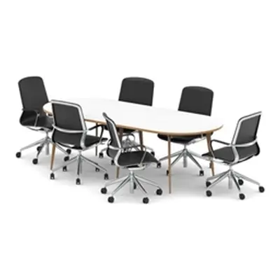 Oslo 2400mm Oval Boardroom Table Wood Edge White/White + 6 Exec Chairs