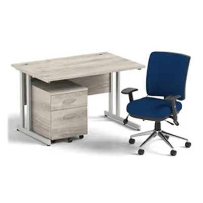 Impulse 1200 Desk Gry Oak/Silver Cantilever 2 Dr Mobile Ped Blue Chair