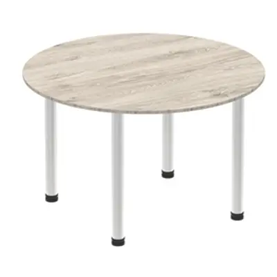 Impulse 1200mm Round Table Grey Oak Top Brushed Aluminium Post Leg