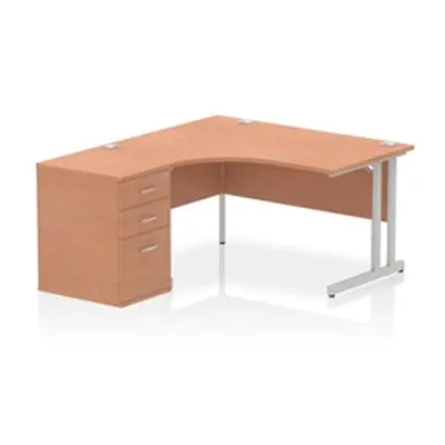 Impulse 1400 LH Crescent Desk Beech/Silver Cantilever 600 Desk Hi Ped