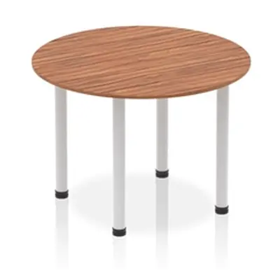 Impulse 1000mm Round Table Walnut Top Silver Post Leg