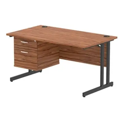 Impulse 1400x800 Desk Walnut/Black Cantilever Leg 1x2 Drawer Fixed Ped