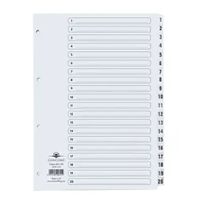 Concord Classic Index 1-20 A4 White Board With Clear Mylar Tabs