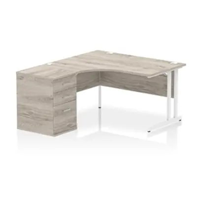 Impulse 1400 LH Crescent Desk Grey Oak/White Cantilever Leg 600 DH Ped