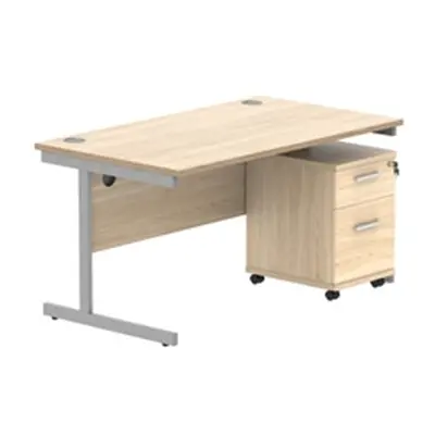 Single Upright Rect Desk + 2 Drawer Mobile Ped 1400X800 Oak/Silver