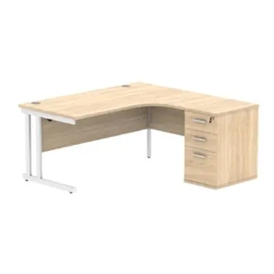 Double Upright RH Radial Desk + Desk High Ped 1600X1200 Oak/White