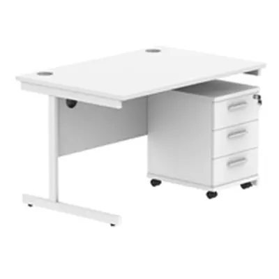 Single Upright Rect Desk + 3 Drawer Mobile Ped 1200X800 White/White