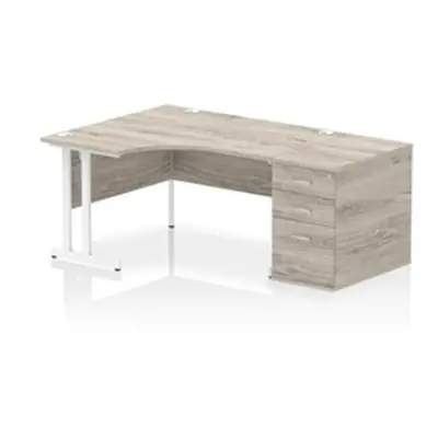 Impulse 1400 LH Crescent Desk Grey Oak/White Cantilever Leg 800 DH Ped