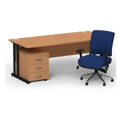 Impulse 1800 Black Cant Desk Oak + 3 Dr Mobile Ped & Chiro Blue W/Arms