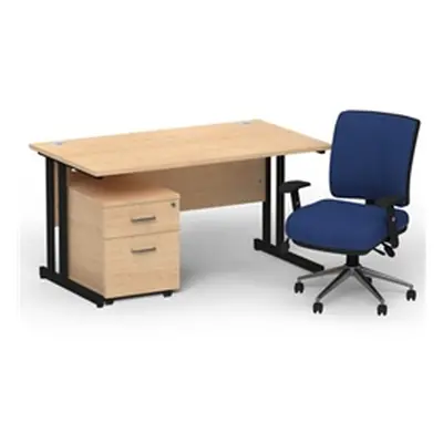 Impulse 1400 Black Cant Desk Maple + 2 Dr Mobile Ped & Chiro Blue