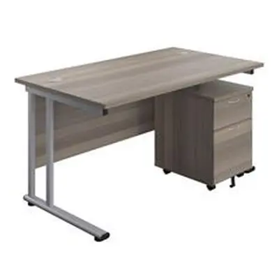 1400X800 Twin Rectangular Desk Grey Oak-Silver + Mobile 2 Drawer Ped