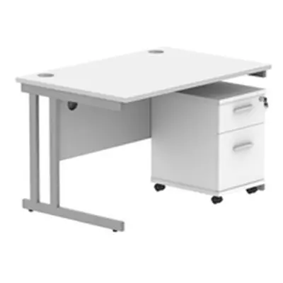 Double Upright Rect Desk + 3 Drawer Mobile Ped 1200X800 White/Silver