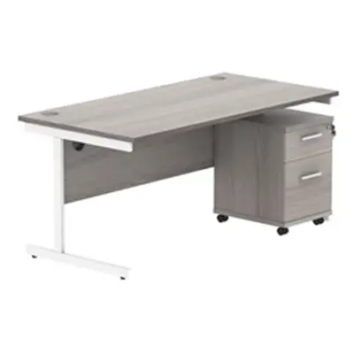 Single Upright Rect Desk + 2 Drawer Mobile Ped 1600X800 Grey Oak/White