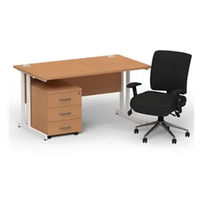 Impulse 1400 White Cant Desk Oak + 3 Dr Mobile Ped & Chiro Black