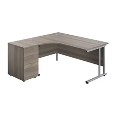 1600x1200 Twin Left Hand Radial Desk Grey Oak-Silver + Desk High Ped