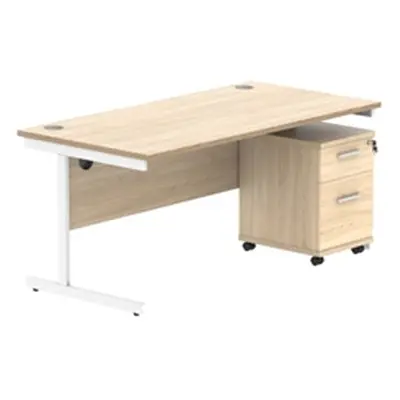 Single Upright Rect Desk + 2 Drawer Mobile Ped 1600X800 Oak/White