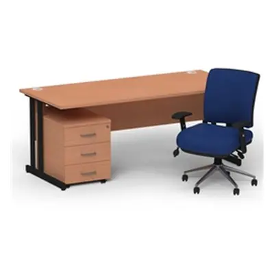 Impulse 1800 Black Cant Desk Beech + 3 Dr Mobile Ped & Chiro Blue