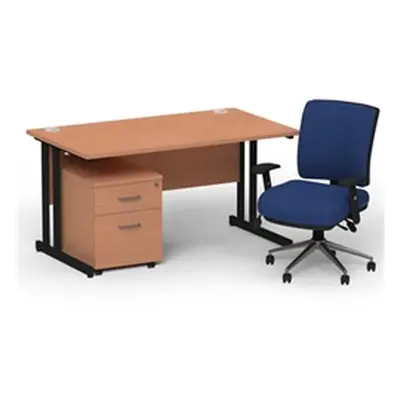 Impulse 1400 Black Cant Desk Beech + 2 Dr Mobile Ped & Chiro Blue