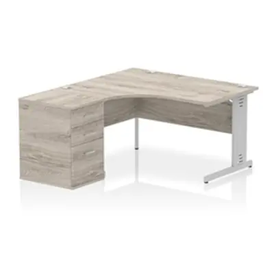 Impulse 1400 LH Crescent Desk Grey Oak/Silver Cable Managed 600 DH Ped