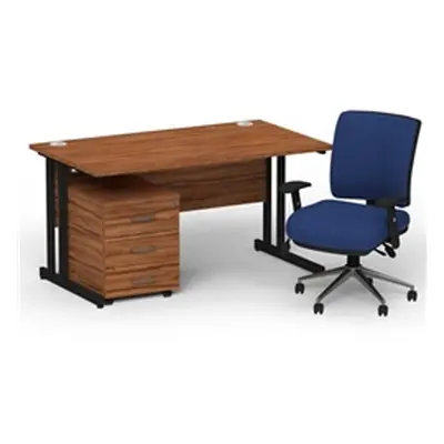 Impulse 1400 Black Cant Desk Walnut + 3 Dr Mobile Ped & Chiro Blue