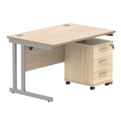 Double Upright Rect Desk + 3 Drawer Mobile Ped 1200X800 Oak/Silver