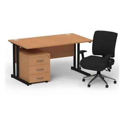 Impulse 1400 Black Cant Desk Oak + 3 Dr Mobile Ped & Chiro Black