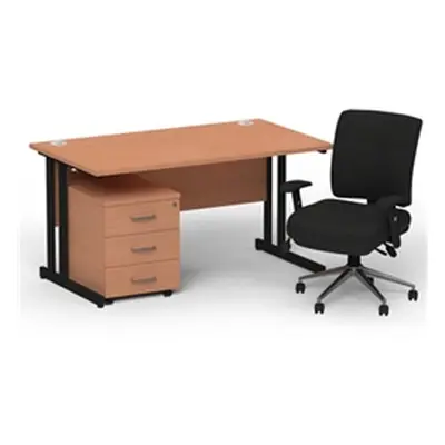 Impulse 1400 Black Cant Desk Beech + 3 Dr Mobile Ped & Chiro Black