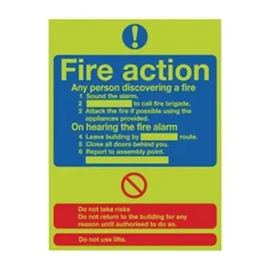 Safety Sign Niteglo Fire Action 300x250mm PVC