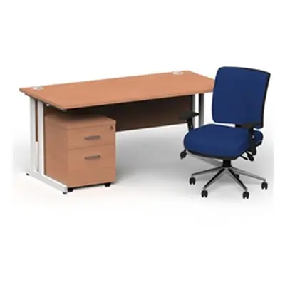 Impulse 1800 White Cant Desk Beech + 2 Dr Mobile Ped & Chiro Blue