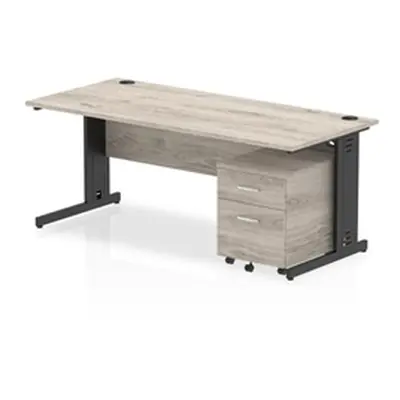 Impulse 1800x800 Desk Grey Oak/Black Cable Managed 2 Drawer Mobile Ped