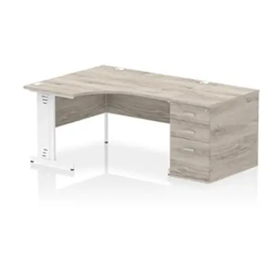 Impulse 1400 LH Crescent Desk Grey Oak/White Cable Managed 800 DH Ped