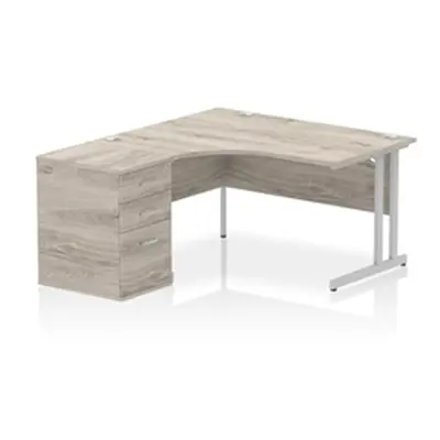 Impulse 1400 LH Crescent Desk Grey Oak/Silver Cantilever 600 DH Ped