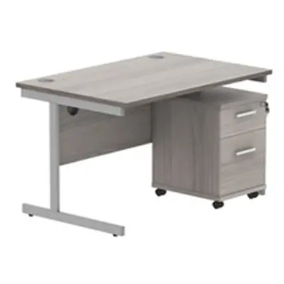 Single Upright Rect Desk + 2 Drawer Mobile Ped 1200X800 Gry Oak/Silver