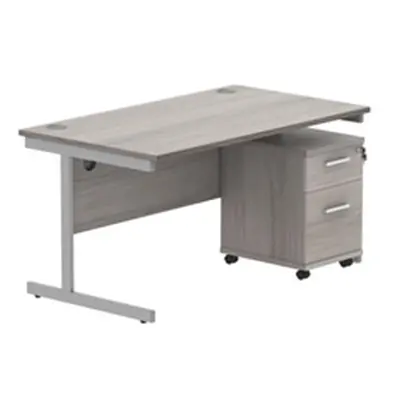 Single Upright Rect Desk + 2 Drawer Mobile Ped 1400X800 Gry Oak/Silver