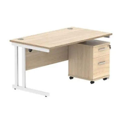 Double Upright Rect Desk + 2 Drawer Mobile Ped 1400X800 Oak/White