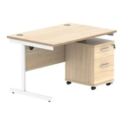 Single Upright Rect Desk + 2 Drawer Mobile Ped 1200X800 Oak/White