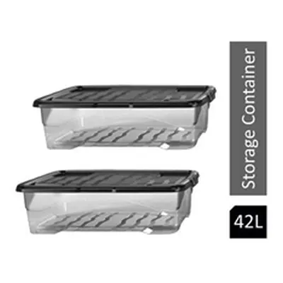 Strata Curve Clear Plastic Storage Box U/Bed 42 Litre (Black Lid)