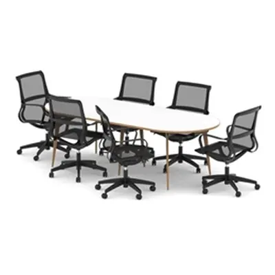 Oslo 2400mm Oval Boardroom Table Wood Edge White/White + 6 Mesh Chairs