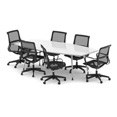 High Gloss 2400mm Writable Boardroom Table White + 6 Mesh Chairs